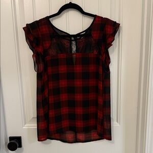 Chic Red and Black Plaid Blouse with Ruffle Detail
